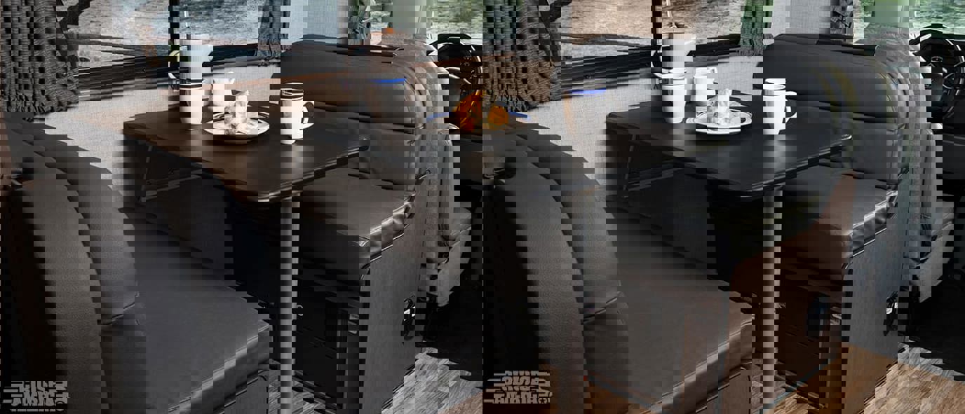 Enjoy breakfast at the dinette in a standard Cruise America RV rental.