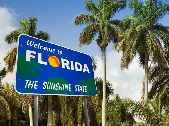 Sign that says welcome to Florida, in front of palm trees